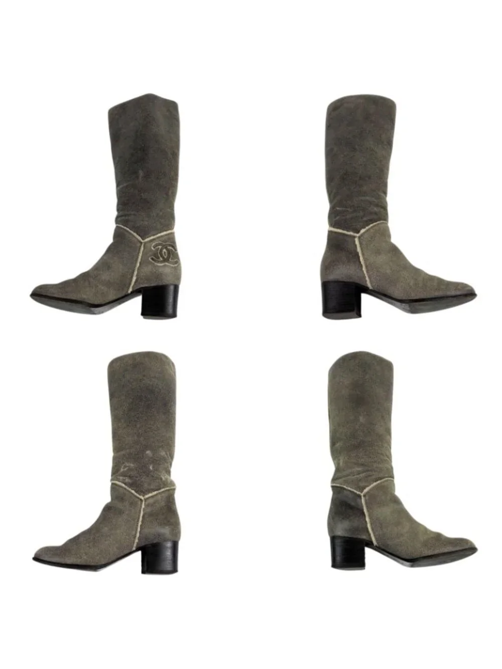 Chanel One Point CC Logo Shearling Long Boots Knee Length Gray 37c